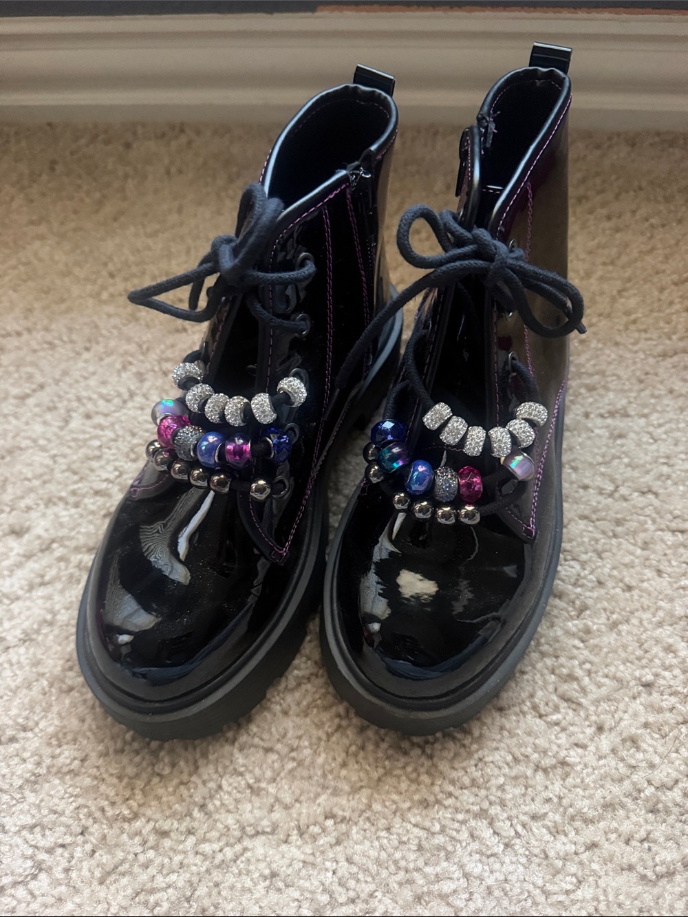 Steve Madden Black Patent Lace-Up Kids Boots with Multicolor Bead Accents